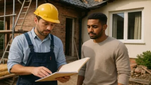 Un artisan devant son client sur un chantier